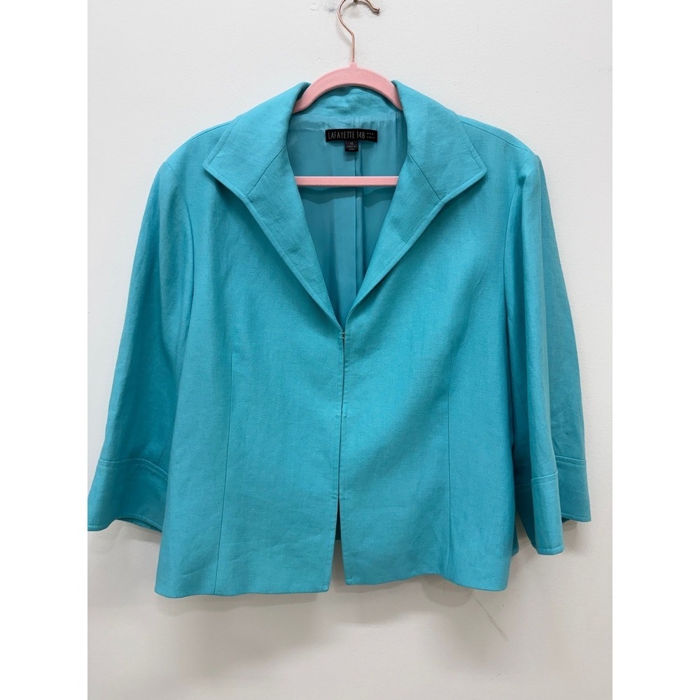 Lafayette 148 Blazer 14 Turquoise Blue 100% Linen 3/4 Sleeve Open Front Jacket